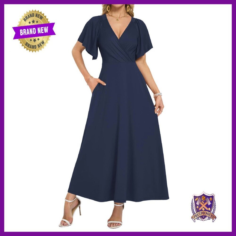 Summer Maxi Wrap Dress with Ruffle Sleeves Deep V Neck Formal Pockets